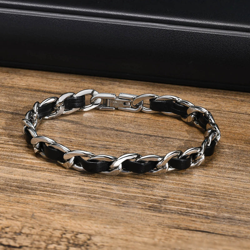 Men's stainless steel and leather bracelet