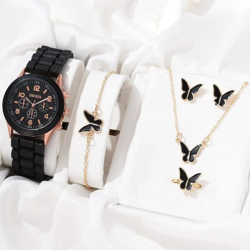 Reloj de pulsera informal para mujer (pulsera, arete, collar, reloj)