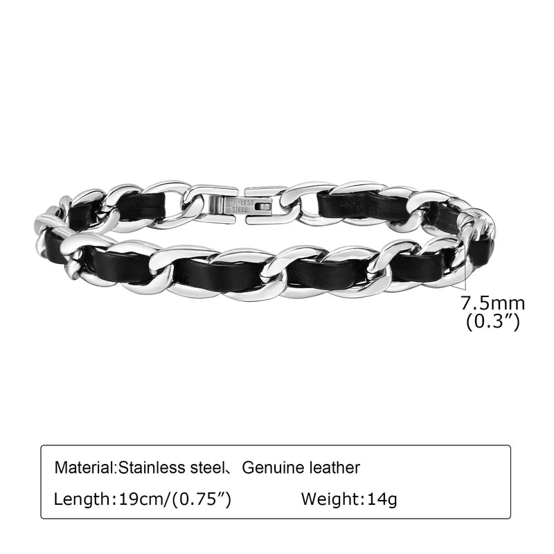 Men's stainless steel and leather bracelet